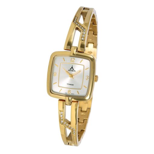 ASTRON 5639-0 női karóra, arany színű titánium tok, arany színű titánium csat, ezüst színű számlap, keményített ásványüveg, quartz szerkezet, cseppmentes vízállóság