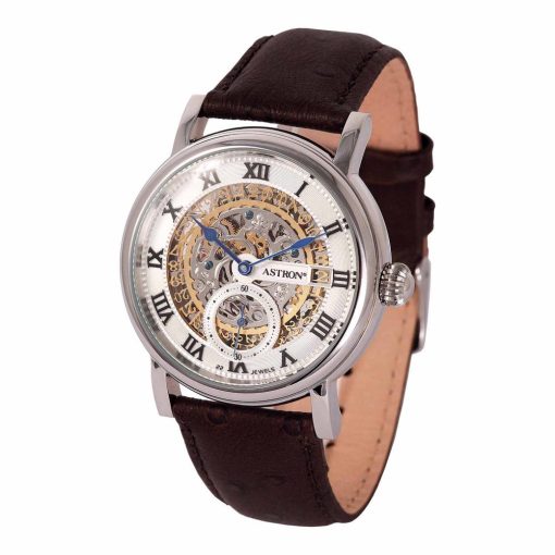 ASTRON 5640-8 férfi karóra, ezüst színű nemesacél tok, barna bőrszíj, fehér számlap, keményített ásványüveg, mechanikus-automata szerkezet, 50 m (5 ATM) vízállóság