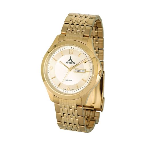 ASTRON 5646-9 férfi karóra, arany színű nemesacél tok, arany színű nemesacél csat, pezsgőszínű számlap, keményített ásványüveg, quartz szerkezet, 100 m (10 ATM) vízállóság