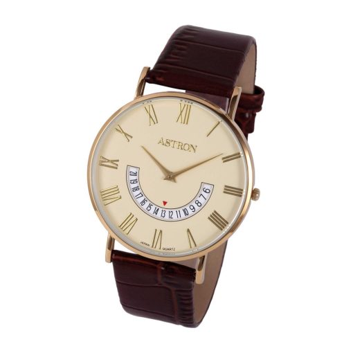 ASTRON 5653-9 férfi karóra, arany színű nemesacél tok, barna bőrszíj, pezsgőszínű számlap, keményített ásványüveg, quartz szerkezet, cseppmentes vízállóság