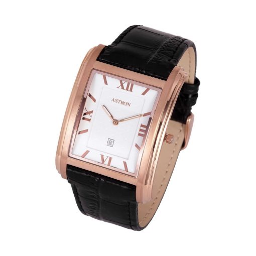 ASTRON 5654-7 férfi karóra, rózsaarany színű nemesacél tok, fekete bőrszíj, fehér számlap, keményített ásványüveg, quartz szerkezet, cseppmentes vízállóság