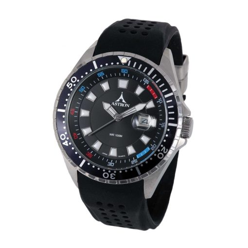 ASTRON 5657-1 férfi karóra, ezüst színű nemesacél tok, fekete szilikon szíj, fekete számlap, keményített ásványüveg, quartz szerkezet, 50 m (5 ATM) vízállóság