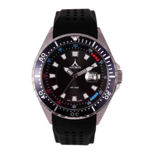 ASTRON 5657-1 férfi karóra, ezüst színű nemesacél tok, fekete szilikon szíj, fekete számlap, keményített ásványüveg, quartz szerkezet, 50 m (5 ATM) vízállóság