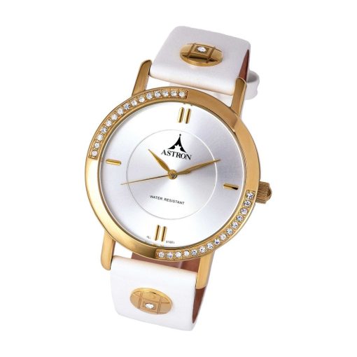 ASTRON 5662-8 női karóra, arany színű nemesacél tok, fehér bőrszíj, ezüst színű számlap, keményített ásványüveg, quartz szerkezet, cseppmentes vízállóság