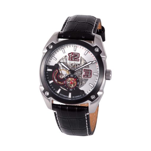 ASTRON 5667-7, mechanikus-automata szerkezet, férfi karóra, ezüst színű nemesacél tok, fekete bőrszíj, ezüst színű számlap, keményített ásványüveg, 50 m (5 ATM) vízállóság