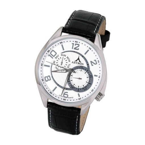 ASTRON 5670-7 férfi karóra, ezüst színű nemesacél tok, fekete bőrszíj, fehér számlap, keményített ásványüveg, quartz szerkezet, 50 m (5 ATM) vízállóság