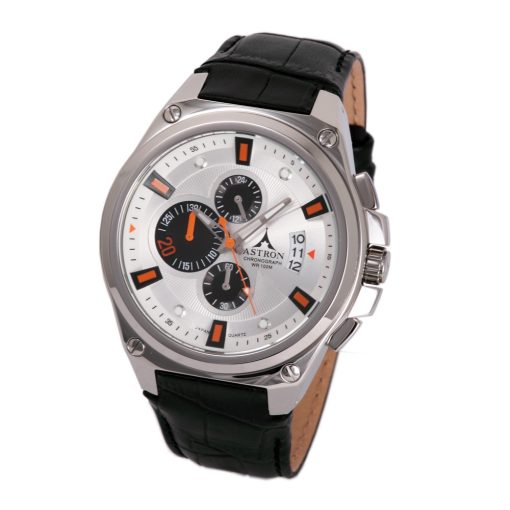 ASTRON 5671-8 férfi karóra, ezüst színű nemesacél tok, fekete bőrszíj, ezüst színű számlap, keményített ásványüveg, quartz szerkezet, 100 m (10 ATM) vízállóság