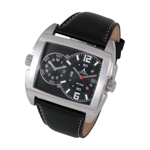 ASTRON 5673-1 férfi karóra, multifunkciós, ezüst színű nemesacél tok, fekete bőrszíj, fekete számlap, keményített ásványüveg, quartz szerkezet, 50 m (5 ATM) vízállóság