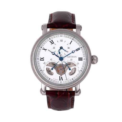 ASTRON 5685-7 férfi karóra, ezüst színű nemesacél tok, barna bőrszíj, fehér számlap, keményített ásványüveg, mechanikus-automata szerkezet, 50 m (5 ATM) vízállóság