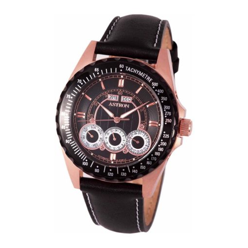 ASTRON 5687-1 férfi karóra, rózsaarany színű nemesacél tok, fekete bőrszíj, fekete számlap, keményített ásványüveg, mechanikus-automata szerkezet, 50 m (5 ATM) vízállóság