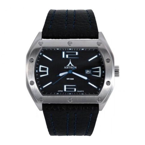 ASTRON 5698-1 férfi karóra, ezüst színű nemesacél tok, fekete bőrszíj, fekete számlap, keményített ásványüveg, quartz szerkezet, 50 m (5 ATM) vízállóság