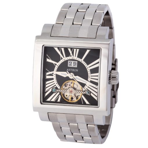 ASTRON 5754-1, mechanikus-automata szerkezet, férfi karóra, ezüst színű nemesacél tok, ezüst színű nemesacél csat, fekete számlap, keményített ásványüveg, cseppmentes vízállóság