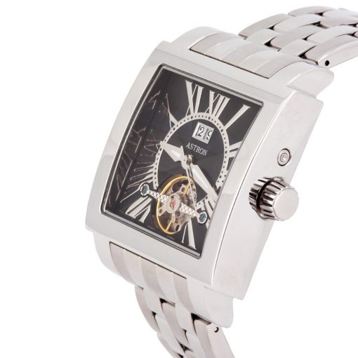 ASTRON 5754-1, mechanikus-automata szerkezet, férfi karóra, ezüst színű nemesacél tok, ezüst színű nemesacél csat, fekete számlap, keményített ásványüveg, cseppmentes vízállóság