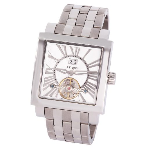 ASTRON 5754-7, mechanikus-automata szerkezet, férfi karóra, ezüst színű nemesacél tok, ezüst színű nemesacél csat, ezüst színű, fehér számlap, keményített ásványüveg, cseppmentes vízállóság
