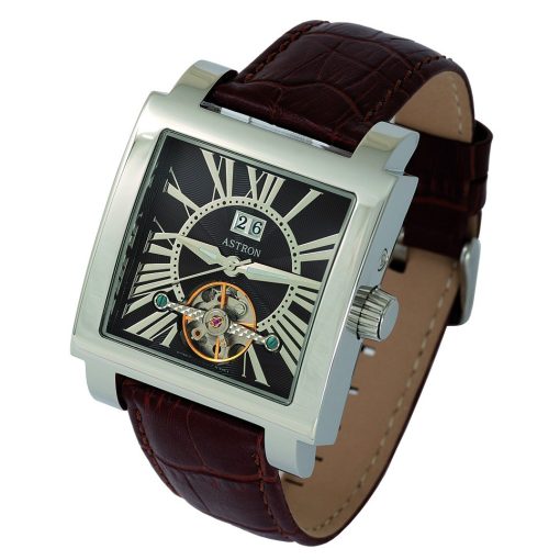ASTRON 5755-6, mechanikus-automata szerkezet, férfi karóra, ezüst színű nemesacél tok, barna bőrszíj, barna számlap, keményített ásványüveg, cseppmentes vízállóság