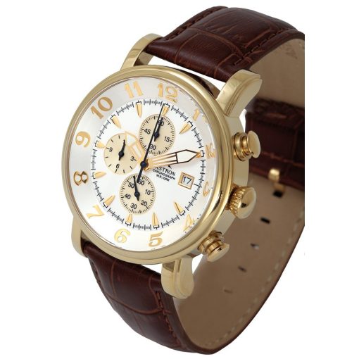 ASTRON 5757-7 férfi karóra, arany színű nemesacél tok, barna bőrszíj, fehér számlap, keményített ásványüveg, quartz szerkezet, 100 m (10 ATM) vízállóság