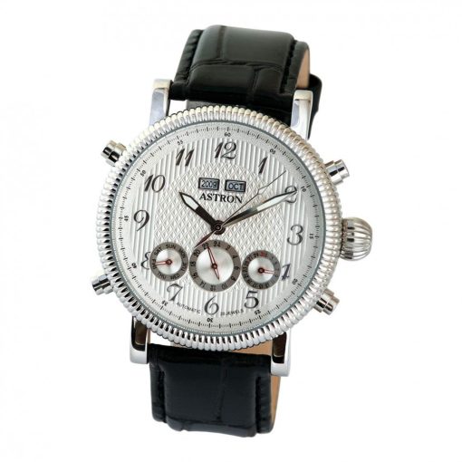 ASTRON 5758-7 férfi karóra, ezüst színű nemesacél tok, fekete bőrszíj, fehér számlap, keményített ásványüveg, mechanikus-automata szerkezet, cseppmentes vízállóság