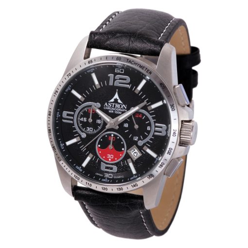 ASTRON 5761-1 férfi karóra, ezüst színű nemesacél tok, fekete bőrszíj, fekete számlap, keményített ásványüveg, quartz szerkezet, 100 m (10 ATM) vízállóság