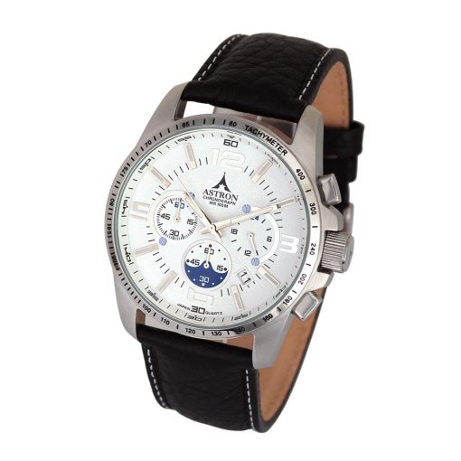 ASTRON 5761-7 férfi karóra, ezüst színű nemesacél tok, fekete bőrszíj, fehér számlap, keményített ásványüveg, quartz szerkezet, 100 m (10 ATM) vízállóság