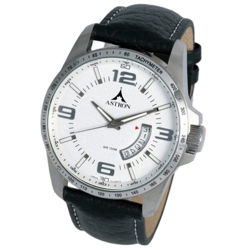 ASTRON 5762-7 férfi karóra, ezüst színű nemesacél tok, fekete bőrszíj, fehér számlap, keményített ásványüveg, quartz szerkezet, 100 m (10 ATM) vízállóság