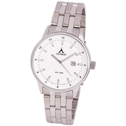 ASTRON 5765-7 elegáns férfi karóra, ezüst színű nemesacél tok, ezüst színű nemesacél csat, fehér számlap, keményített ásványüveg, quartz szerkezet, 100 m (10 ATM) vízállóság