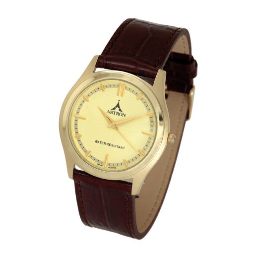 ASTRON 5766-9 férfi karóra, arany színű nemesacél tok, barna bőrszíj, pezsgőszínű számlap, keményített ásványüveg, quartz szerkezet, cseppmentes vízállóság