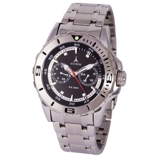 ASTRON 5769-1 férfi karóra, ezüst színű nemesacél tok, ezüst színű nemesacél csat, fekete számlap, keményített ásványüveg, multifunkciós quartz szerkezet, 100 m (10 ATM) vízállóság