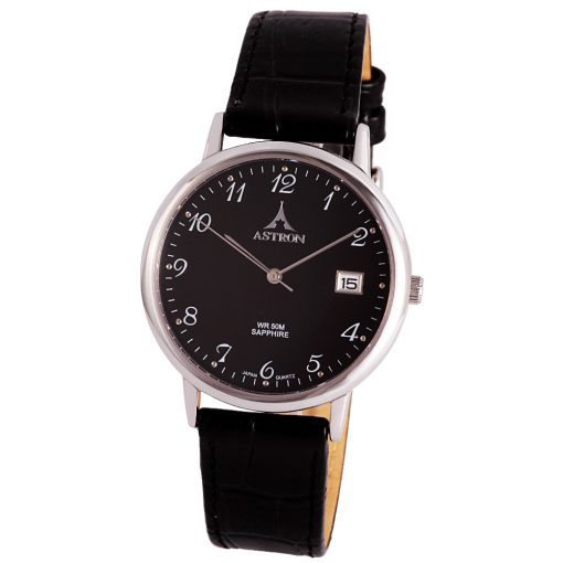 ASTRON 5778-1 elegáns férfi karóra, ezüst színű nemesacél tok, fekete bőrszíj, arab számos, fekete számlap, zafírüvegüveg, quartz szerkezet, 50 m (5 ATM) vízállóság