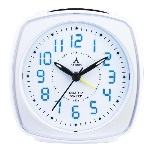 Astron ébresztőóra, quartz, fehér színű műanyag tok, kék színű LED világítás, sweep (halk járású)
