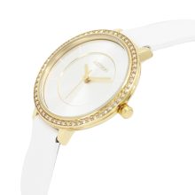 ASTRON 8008-0 divatos női karóra, arany színű nemesacél tok, fehér bőrszíj, ezüst színű számlap, keményített ásványüveg, quartz szerkezet, cseppmentes vízállóság