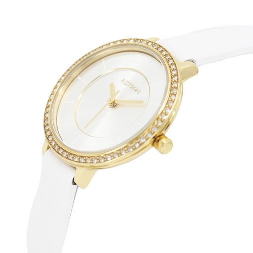 ASTRON 8008-0 divatos női karóra, arany színű nemesacél tok, fehér bőrszíj, ezüst színű számlap, keményített ásványüveg, quartz szerkezet, cseppmentes vízállóság
