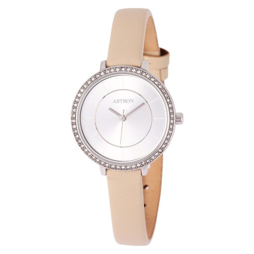 ASTRON 8008-7 divatos női karóra, ezüst színű nemesacél tok, bézs bőrszíj, ezüst színű számlap, keményített ásványüveg, quartz szerkezet, cseppmentes vízállóság