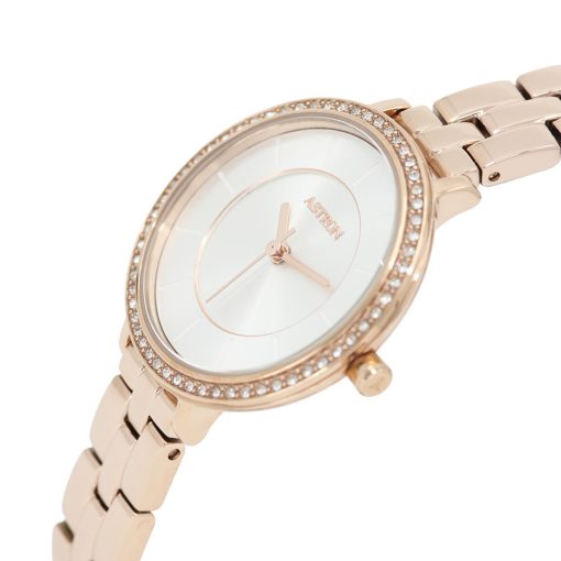 ASTRON 8009-8 divatos női karóra, rózsaarany színű nemesacél tok, rózsaarany színű nemesacél csat, ezüst színű számlap, keményített ásványüveg, quartz szerkezet, cseppmentes vízállóság