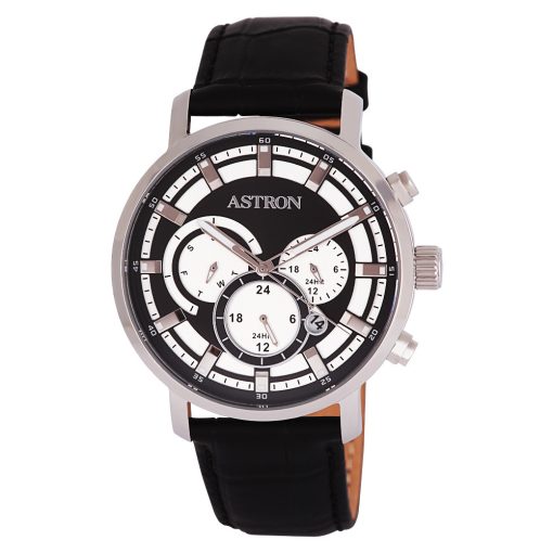 ASTRON 8010-1 divatos sportos férfi karóra, ezüst színű nemesacél tok, fekete bőrszíj, fekete számlap, keményített ásványüveg, multifunkciós quartz szerkezet, 50 m (5 ATM) vízállóság
