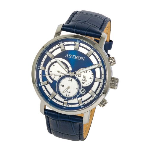 ASTRON 8010-2 divatos sportos férfi karóra, ezüst színű nemesacél tok, kék bőrszíj, kék számlap, keményített ásványüveg, multifunkciós quartz szerkezet, 50 m (5 ATM) vízállóság