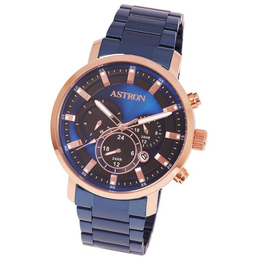 ASTRON 8011-2 sportos férfi karóra, rózsaarany színű nemesacél tok, kék nemesacél csat, kék számlap, keményített ásványüveg, multifunkciós quartz szerkezet, 50 m (5 ATM) vízállóság