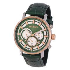   ASTRON 8011-5 sportos férfi karóra, ezüst és rózsaarany színű nemesacél tok, zöld színű bőrszíj, zöld számlap, keményített ásványüveg, multifunkciós quartz szerkezet, 50 m (5 ATM) vízállóság