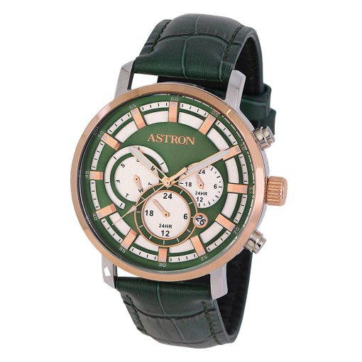 ASTRON 8011-5 sportos férfi karóra, ezüst és rózsaarany színű nemesacél tok, zöld színű bőrszíj, zöld számlap, keményített ásványüveg, multifunkciós quartz szerkezet, 50 m (5 ATM) vízállóság