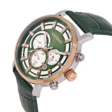 ASTRON 8011-5 sportos férfi karóra, ezüst és rózsaarany színű nemesacél tok, zöld színű bőrszíj, zöld számlap, keményített ásványüveg, multifunkciós quartz szerkezet, 50 m (5 ATM) vízállóság