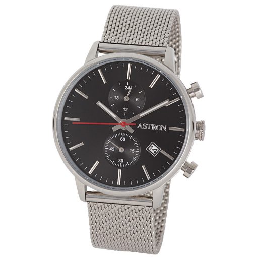 ASTRON 8012-1 sportos férfi karóra, ezüst színű nemesacél tok, ezüst színű nemesacél csat, fekete számlap, keményített ásványüveg, multifunkciós quartz szerkezet, 50 m (5 ATM) vízállóság