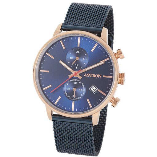 ASTRON 8012-2 sportos férfi karóra, multifunkciós, rózsaarany színű nemesacél tok, kék nemesacél csat, kék számlap, keményített ásványüveg, quartz szerkezet, 50 m (5 ATM) vízállóság