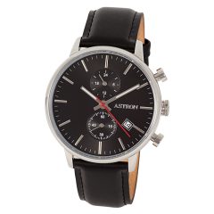   ASTRON 8012-5 sportos férfi karóra, ezüst színű nemesacél tok, fekete bőrszíj, fekete számlap, keményített ásványüveg, multifunkciós quartz szerkezet, 50 m (5 ATM) vízállóság