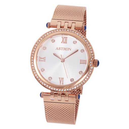 ASTRON 8013-0 elegáns női karóra, rózsaarany színű nemesacél tok, rózsaarany színű nemesacél csat, ezüst színű számlap, keményített ásványüveg, quartz szerkezet, cseppmentes vízállóság