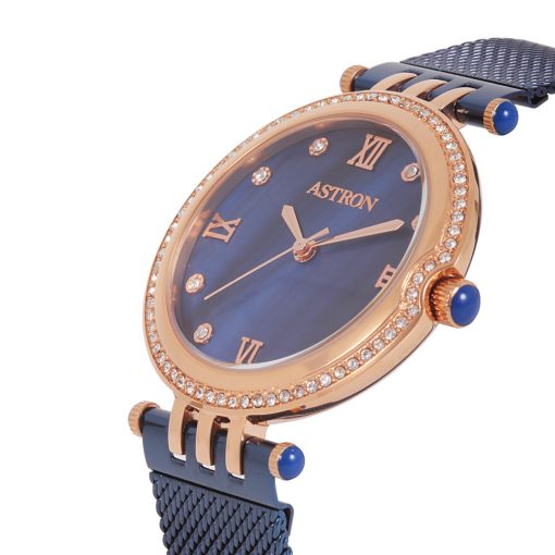 ASTRON 8013-2 elegáns női karóra, rózsaarany színű nemesacél tok, kék nemesacél csat, kék számlap, keményített ásványüveg, quartz szerkezet, cseppmentes vízállóság