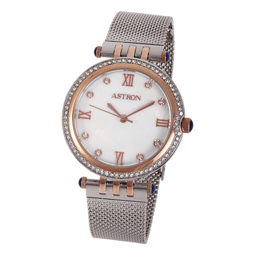 ASTRON 8013-8 elegáns női karóra, bicolor nemesacél tok, ezüst színű nemesacél csat, fehér számlap, keményített ásványüveg, quartz szerkezet, cseppmentes vízállóság