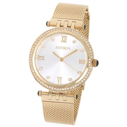 ASTRON 8013-9 elegáns női karóra, arany színű nemesacél tok, arany színű nemesacél csat, ezüst színű számlap, keményített ásványüveg, quartz szerkezet, cseppmentes vízállóság