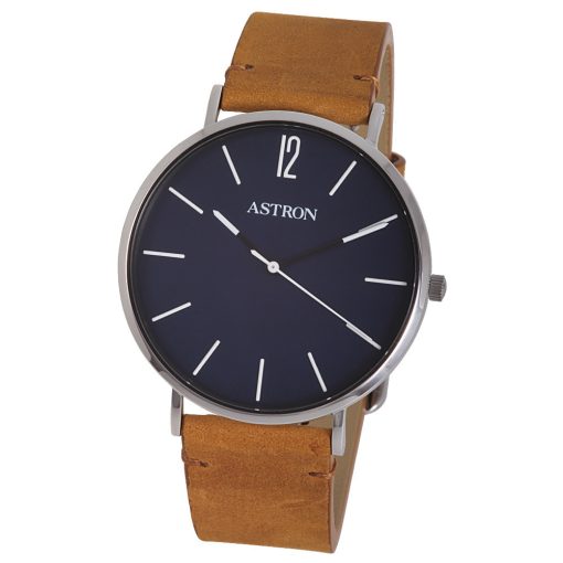ASTRON 8014-2 elegáns férfi karóra, ezüst színű nemesacél tok, barna bőrszíj, kék számlap, keményített ásványüveg, quartz szerkezet, cseppmentes vízállóság