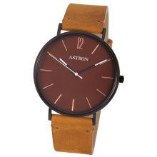 ASTRON 8014-5 elegáns férfi karóra, fekete színű nemesacél tok, barna bőrszíj, barna számlap, keményített ásványüveg, quartz szerkezet, cseppmentes vízállóság