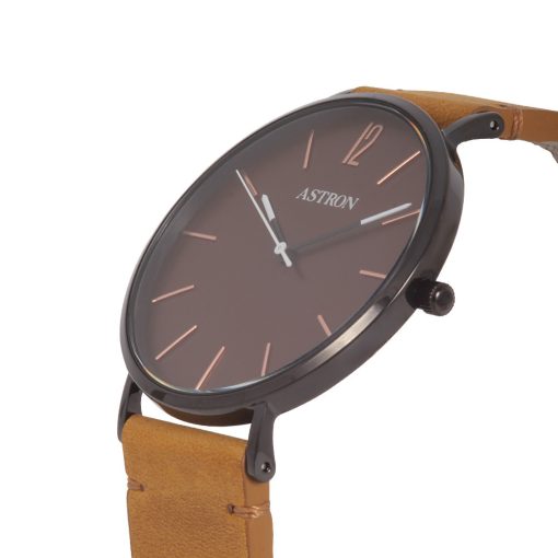 ASTRON 8014-5 elegáns férfi karóra, fekete színű nemesacél tok, barna bőrszíj, barna számlap, keményített ásványüveg, quartz szerkezet, cseppmentes vízállóság
