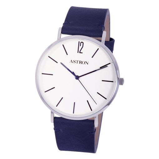 ASTRON 8014-7 elegáns férfi karóra, ezüst színű nemesacél tok, kék bőrszíj, fehér számlap, keményített ásványüveg, quartz szerkezet, cseppmentes vízállóság